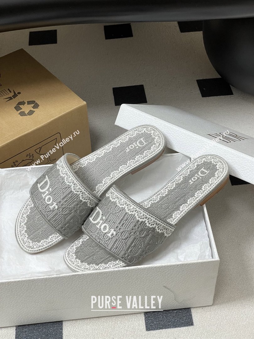 Dior Dentelle Slide Sandals in Grey Dior Oblique Embroidered Cotton and White Lace 2026 (MD-26012216)
