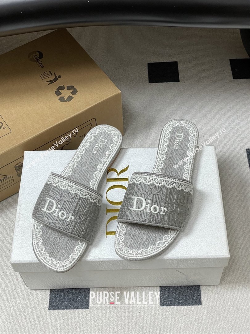 Dior Dentelle Slide Sandals in Grey Dior Oblique Embroidered Cotton and White Lace 2026 (MD-26012216)