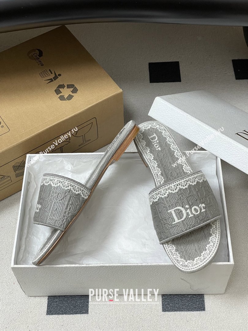 Dior Dentelle Slide Sandals in Grey Dior Oblique Embroidered Cotton and White Lace 2026 (MD-26012216)