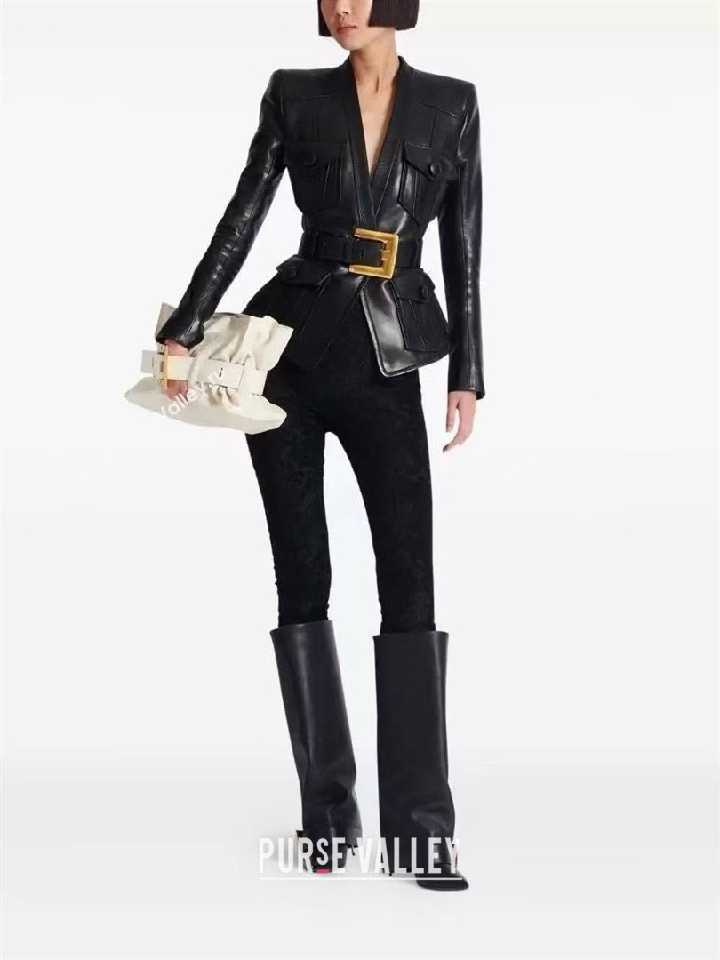 Balmain 1-button Belted Lambskin Leather Jacket B031314 Black 2026 (Q-26031314)