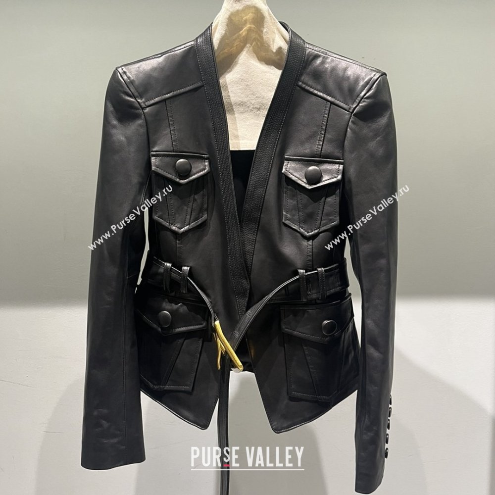 Balmain 1-button Belted Lambskin Leather Jacket B031314 Black 2026 (Q-26031314)