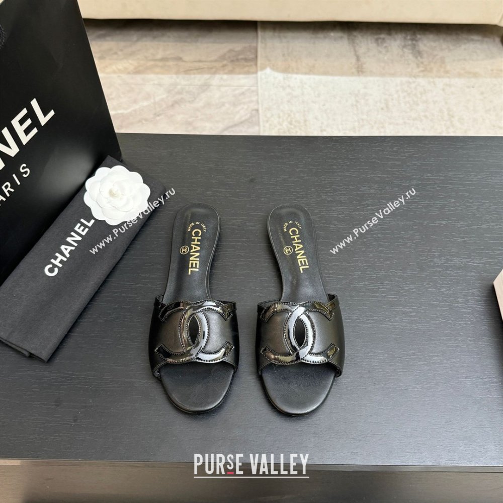 Chanel Lambskin Patent Leather Flat Mules Sandals G47252 Black 2026 (MD-26032512)