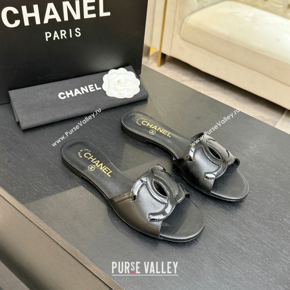 Chanel Lambskin Patent Leather Flat Mules Sandals G47252 Black 2026 (MD-26032512)