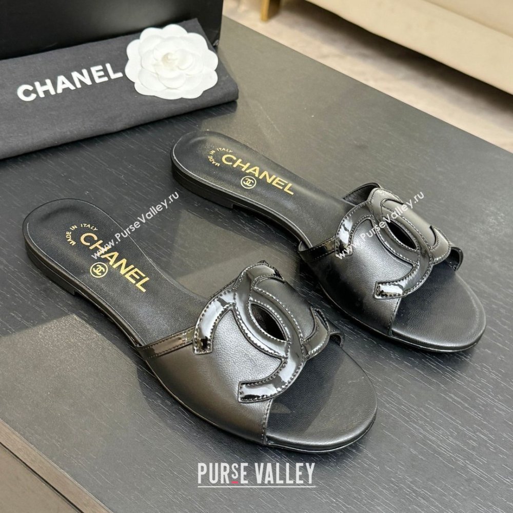 Chanel Lambskin Patent Leather Flat Mules Sandals G47252 Black 2026 (MD-26032512)