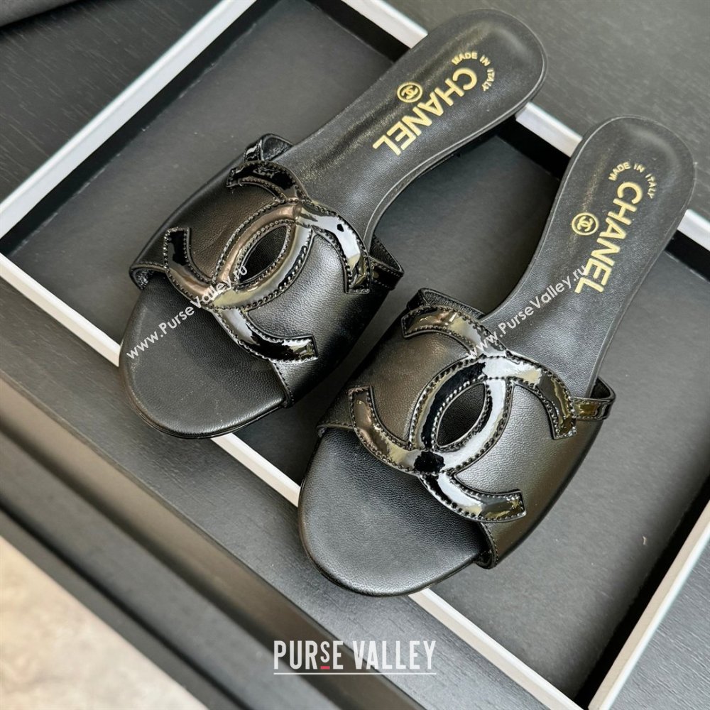 Chanel Lambskin Patent Leather Flat Mules Sandals G47252 Black 2026 (MD-26032512)