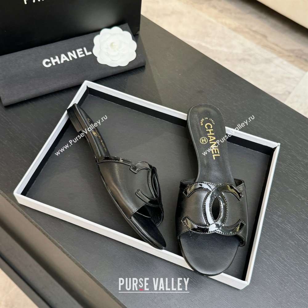 Chanel Lambskin Patent Leather Flat Mules Sandals G47252 Black 2026 (MD-26032512)