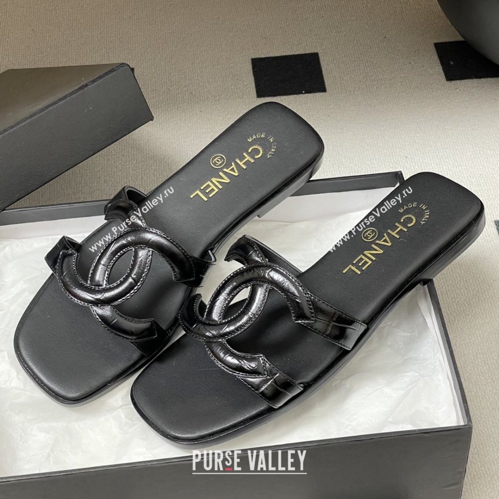 Chanel Crocodile-patterned Calfskin Mules Sandals G47250 Black 2026 (MD-26032620)