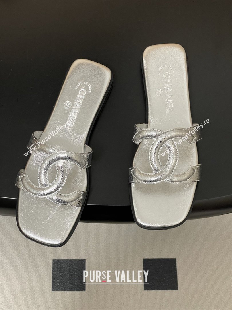 Chanel Laminated Calfskin Mules Sandals G47250 Silver 2026 (MD-26032622)