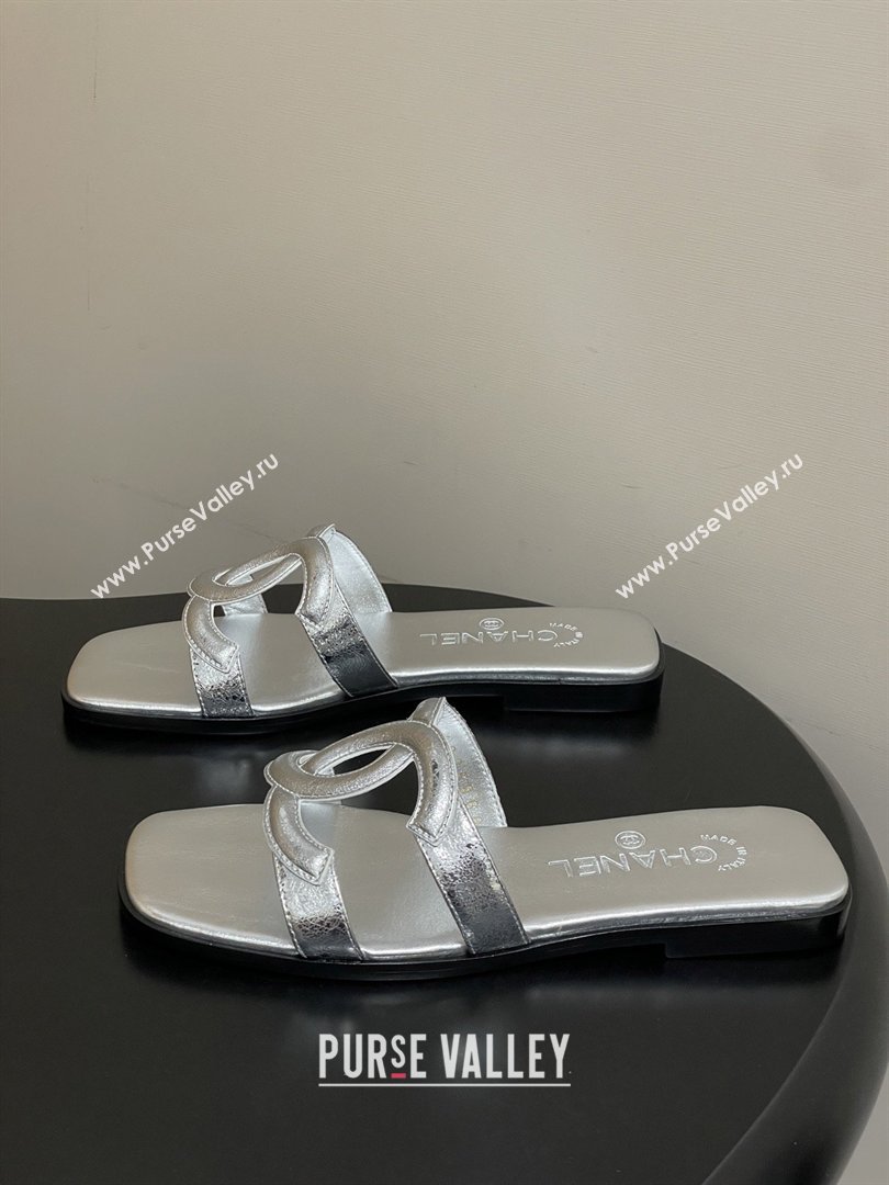Chanel Laminated Calfskin Mules Sandals G47250 Silver 2026 (MD-26032622)