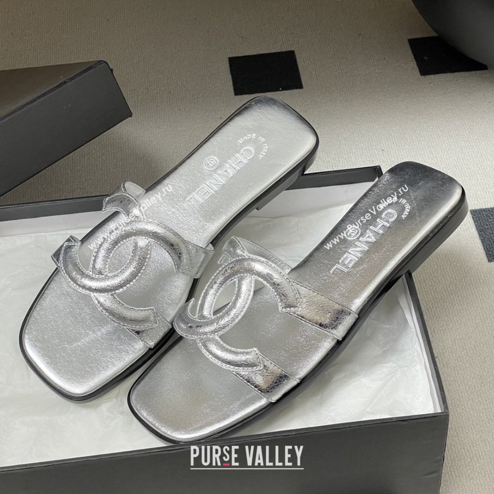 Chanel Laminated Calfskin Mules Sandals G47250 Silver 2026 (MD-26032622)