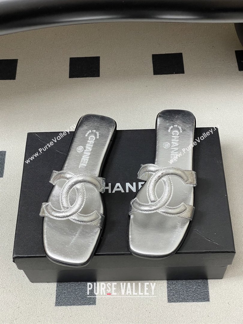 Chanel Laminated Calfskin Mules Sandals G47250 Silver 2026 (MD-26032622)