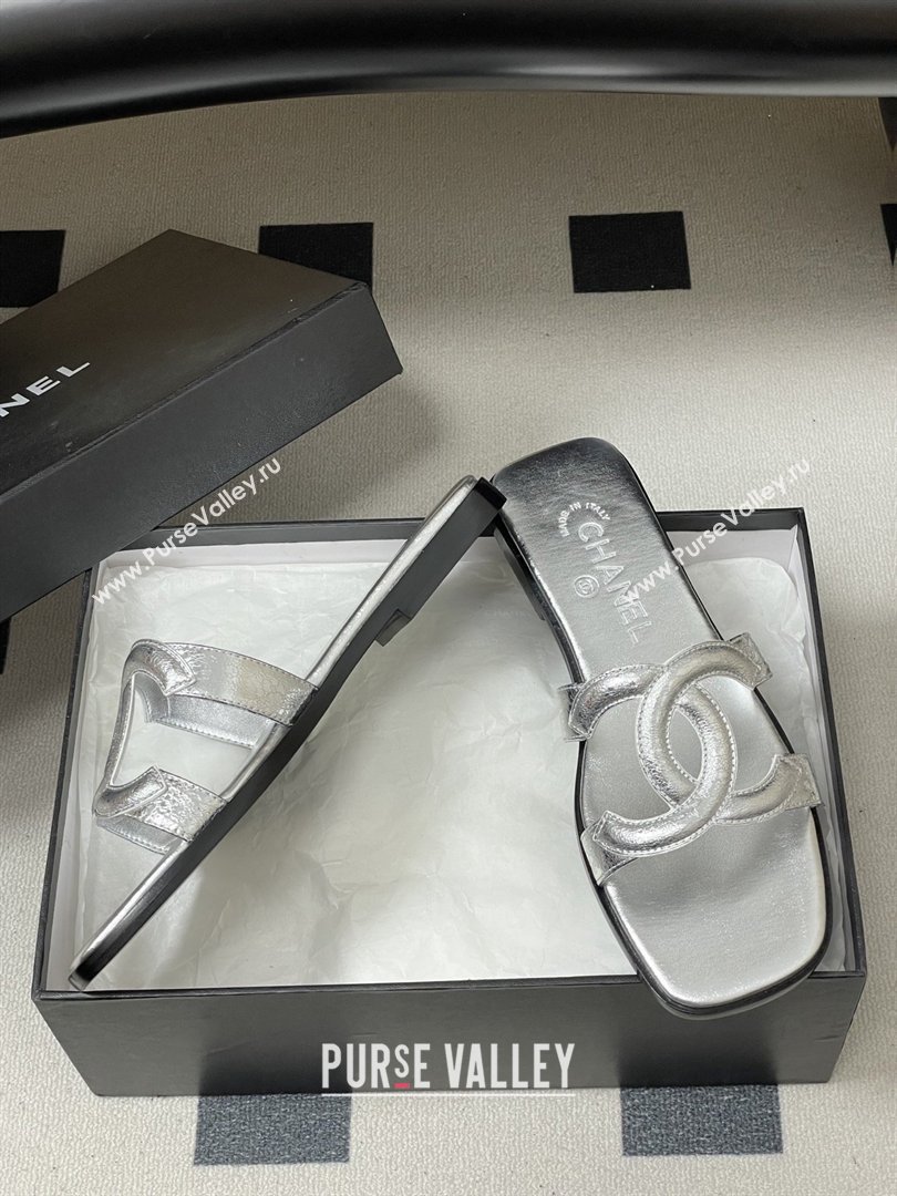 Chanel Laminated Calfskin Mules Sandals G47250 Silver 2026 (MD-26032622)