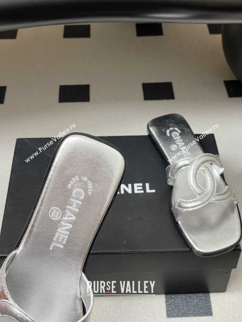 Chanel Laminated Calfskin Mules Sandals G47250 Silver 2026 (MD-26032622)