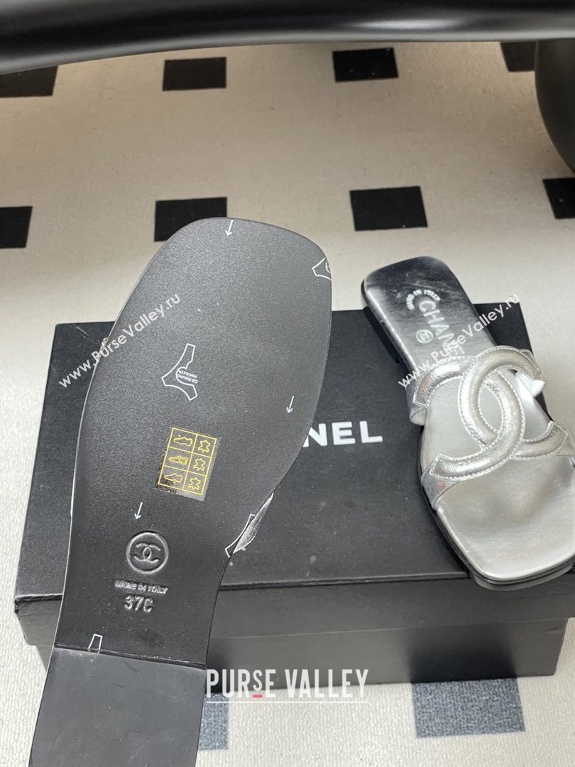 Chanel Laminated Calfskin Mules Sandals G47250 Silver 2026 (MD-26032622)