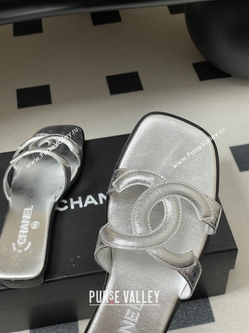 Chanel Laminated Calfskin Mules Sandals G47250 Silver 2026 (MD-26032622)