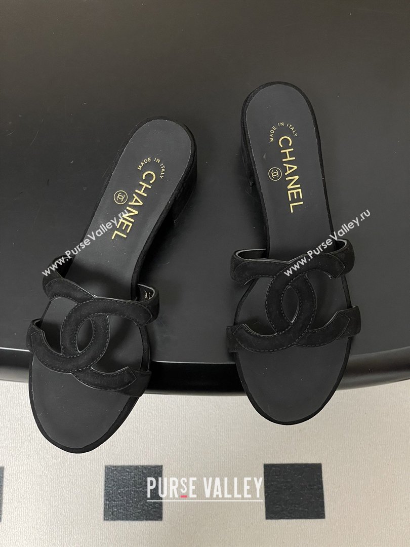 Chanel Suede Heeled Mules Sandals G47250 Black 2026 (MD-26032624)