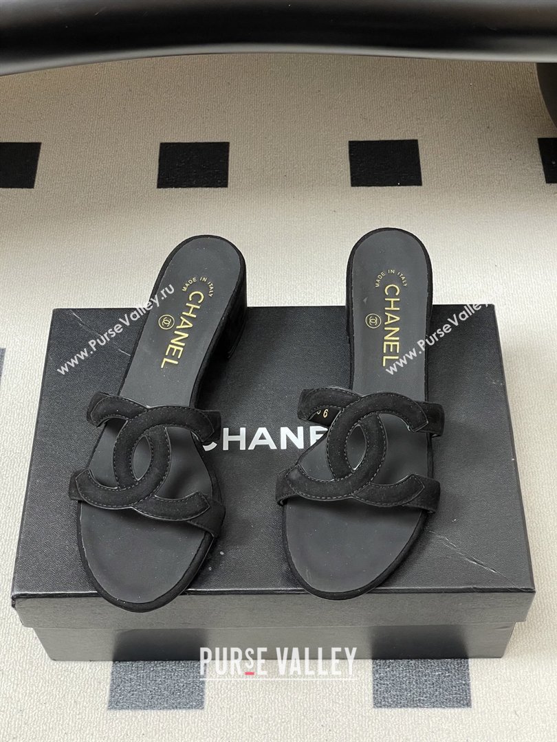 Chanel Suede Heeled Mules Sandals G47250 Black 2026 (MD-26032624)