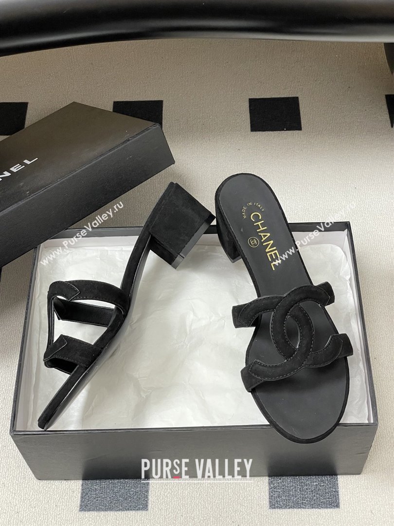 Chanel Suede Heeled Mules Sandals G47250 Black 2026 (MD-26032624)