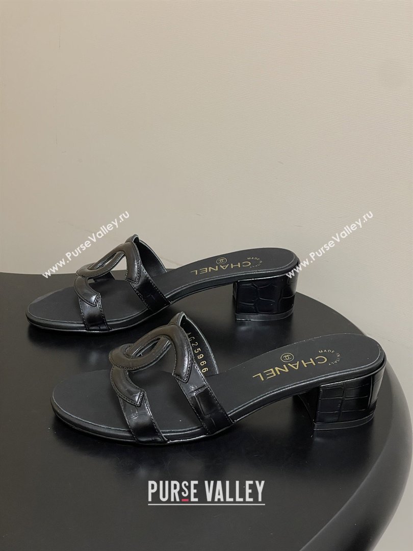Chanel Crocodile Pattern Calfskin Heeled Mules Sandals G47250 Black 2026 (MD-26032629)
