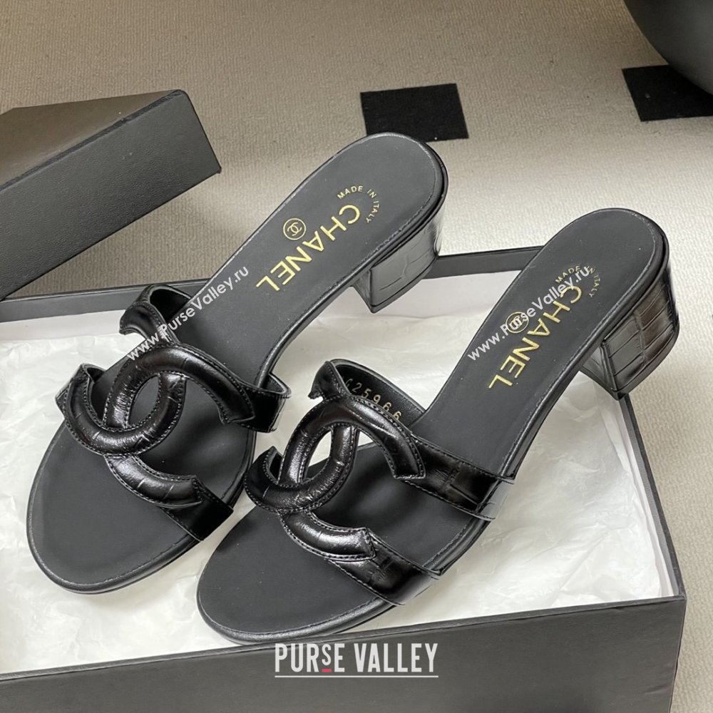 Chanel Crocodile Pattern Calfskin Heeled Mules Sandals G47250 Black 2026 (MD-26032629)