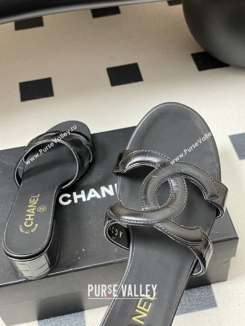 Chanel Crocodile Pattern Calfskin Heeled Mules Sandals G47250 Black 2026 (MD-26032629)