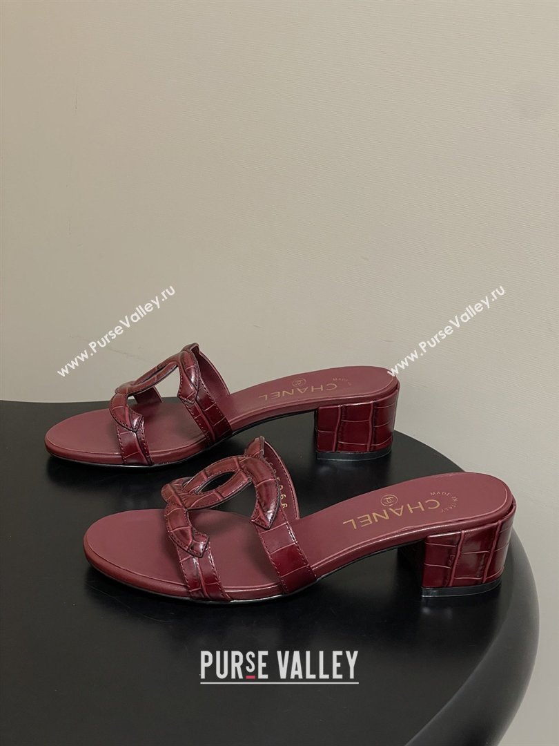 Chanel Crocodile Pattern Calfskin Heeled Mules Sandals G47250 Burgundy 2026 (MD-26032630)