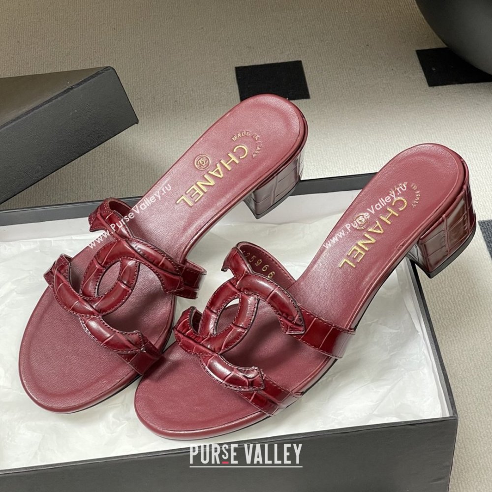 Chanel Crocodile Pattern Calfskin Heeled Mules Sandals G47250 Burgundy 2026 (MD-26032630)