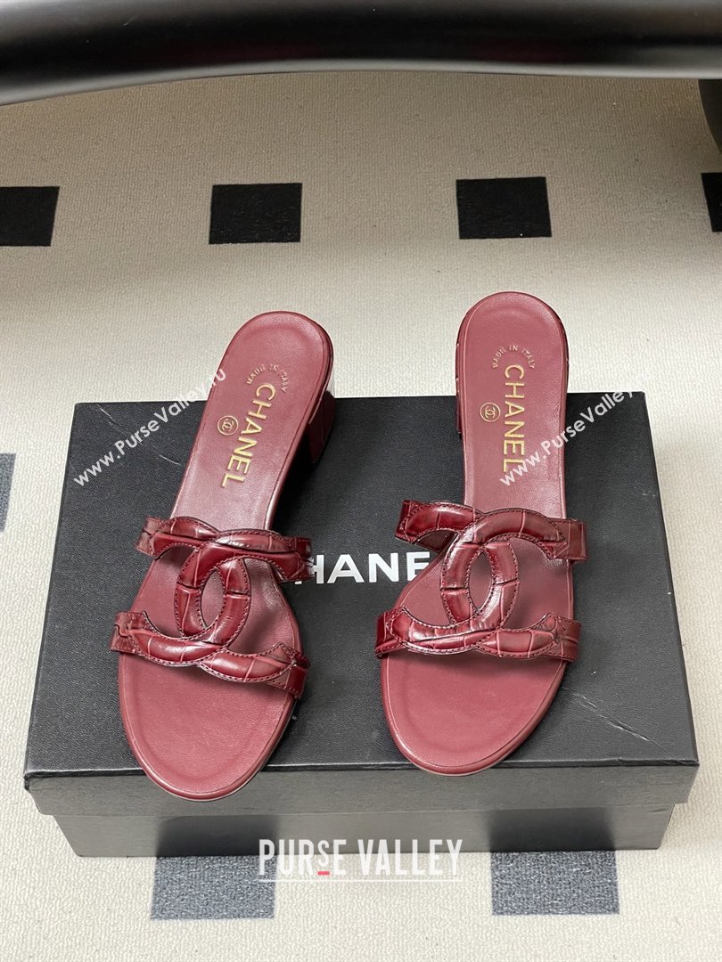 Chanel Crocodile Pattern Calfskin Heeled Mules Sandals G47250 Burgundy 2026 (MD-26032630)