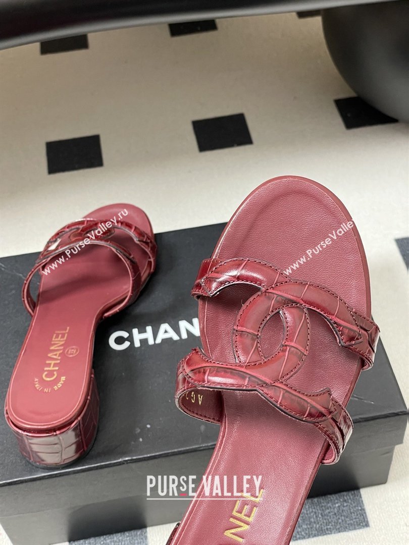 Chanel Crocodile Pattern Calfskin Heeled Mules Sandals G47250 Burgundy 2026 (MD-26032630)