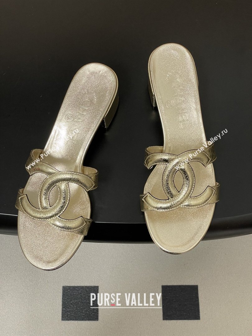Chanel Laminated Calfskin Heeled Mules Sandals G47250 Gold 2026 (MD-26032631)