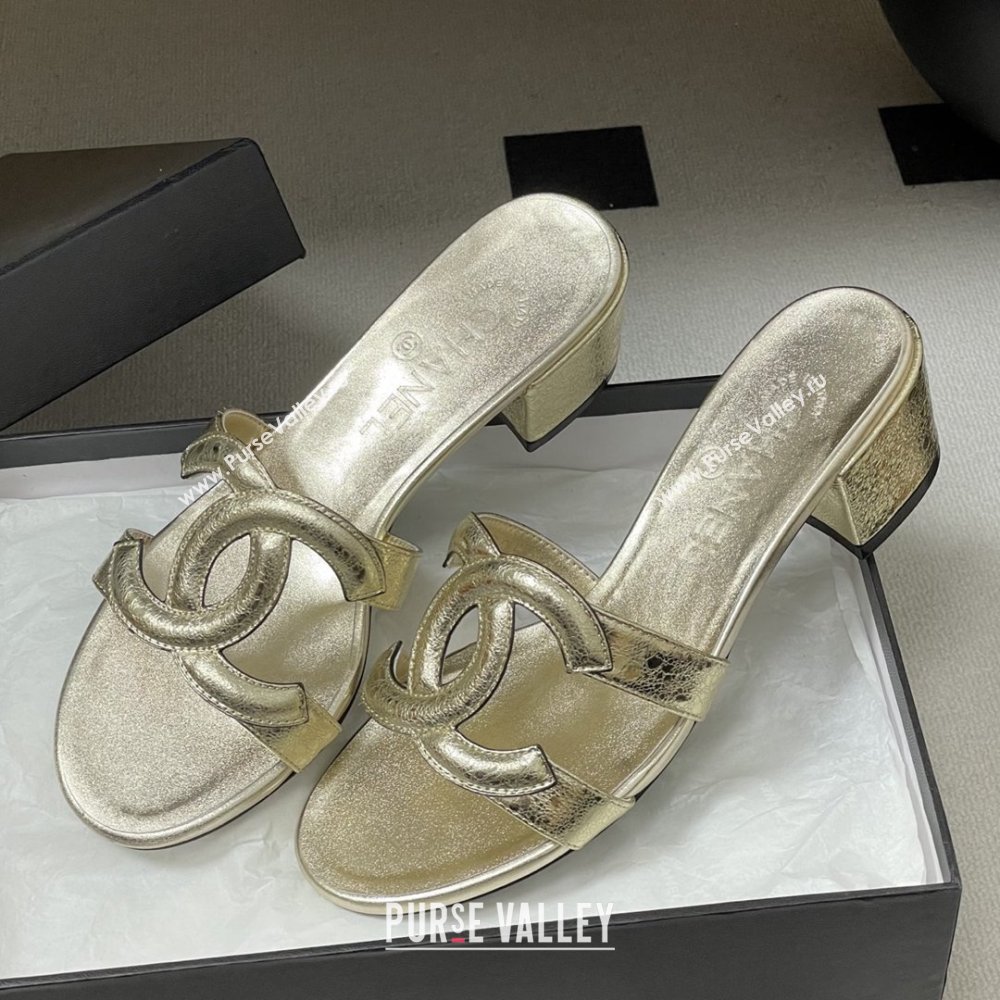Chanel Laminated Calfskin Heeled Mules Sandals G47250 Gold 2026 (MD-26032631)