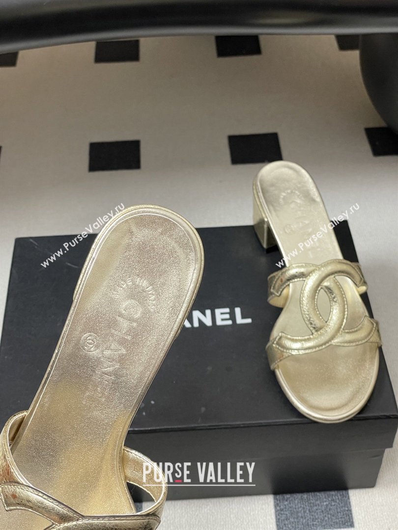Chanel Laminated Calfskin Heeled Mules Sandals G47250 Gold 2026 (MD-26032631)