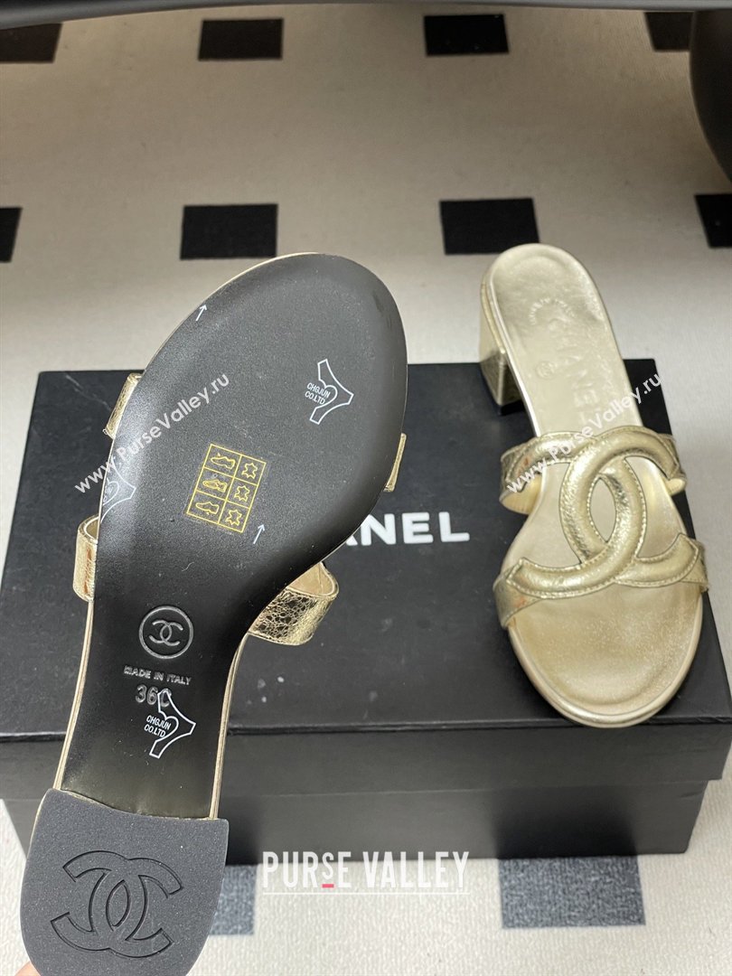 Chanel Laminated Calfskin Heeled Mules Sandals G47250 Gold 2026 (MD-26032631)