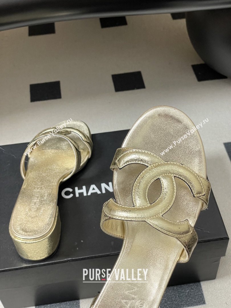 Chanel Laminated Calfskin Heeled Mules Sandals G47250 Gold 2026 (MD-26032631)