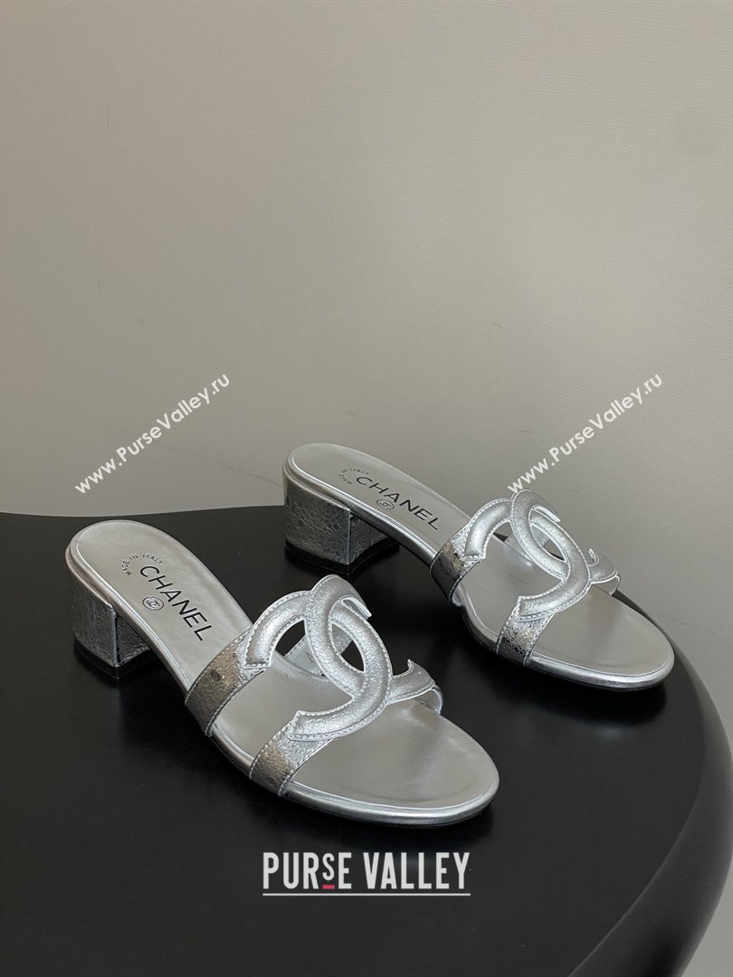 Chanel Laminated Calfskin Heeled Mules Sandals G47250 Silver 2026 (MD-26032632)