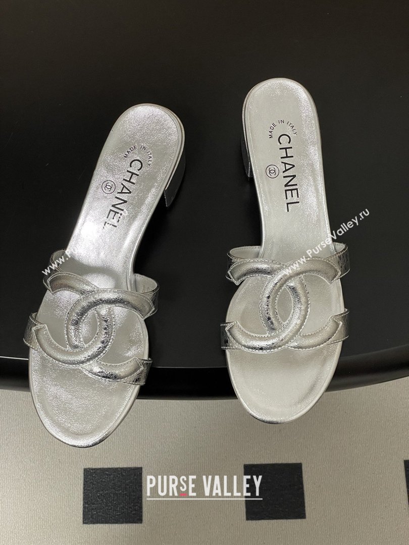 Chanel Laminated Calfskin Heeled Mules Sandals G47250 Silver 2026 (MD-26032632)