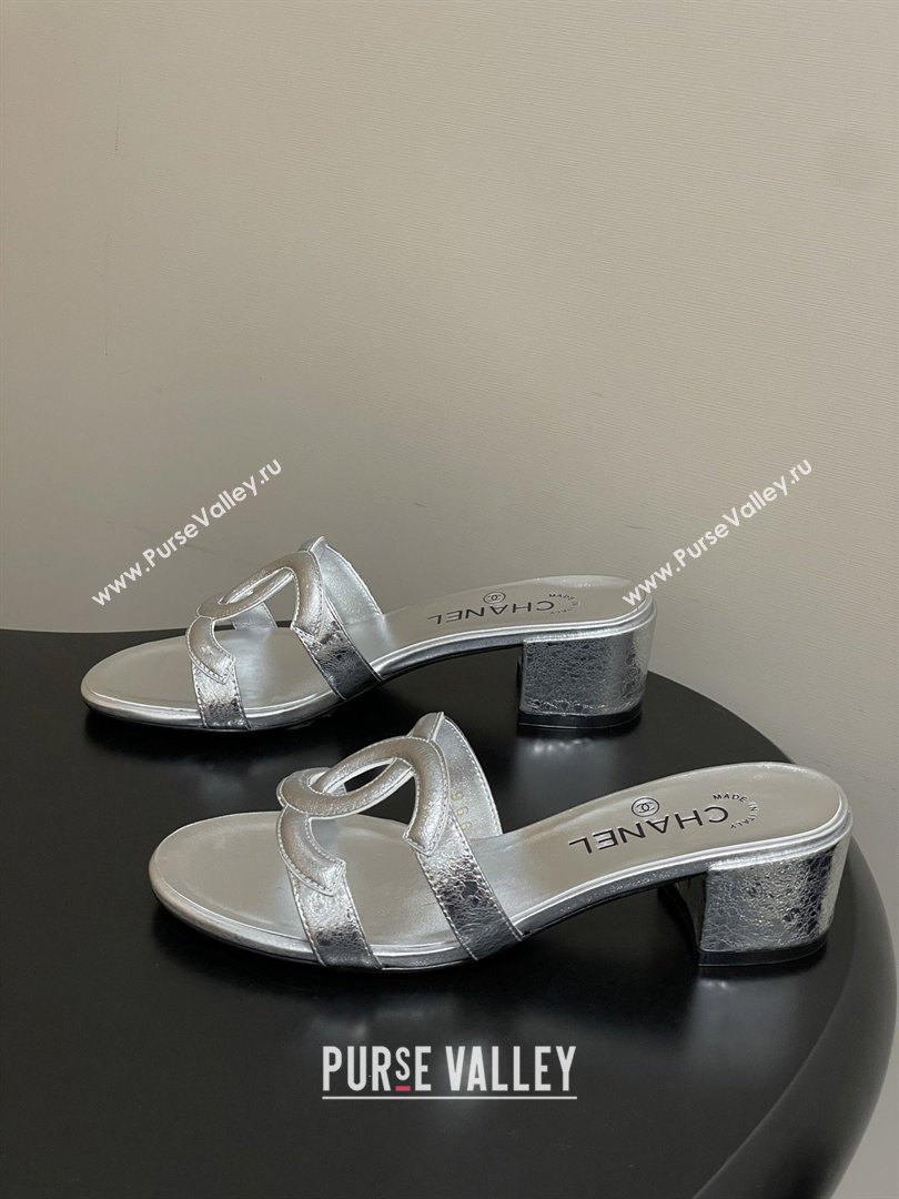 Chanel Laminated Calfskin Heeled Mules Sandals G47250 Silver 2026 (MD-26032632)