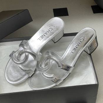 Chanel Laminated Calfskin Heeled Mules Sandals G47250 Silver 2026 (MD-26032632)