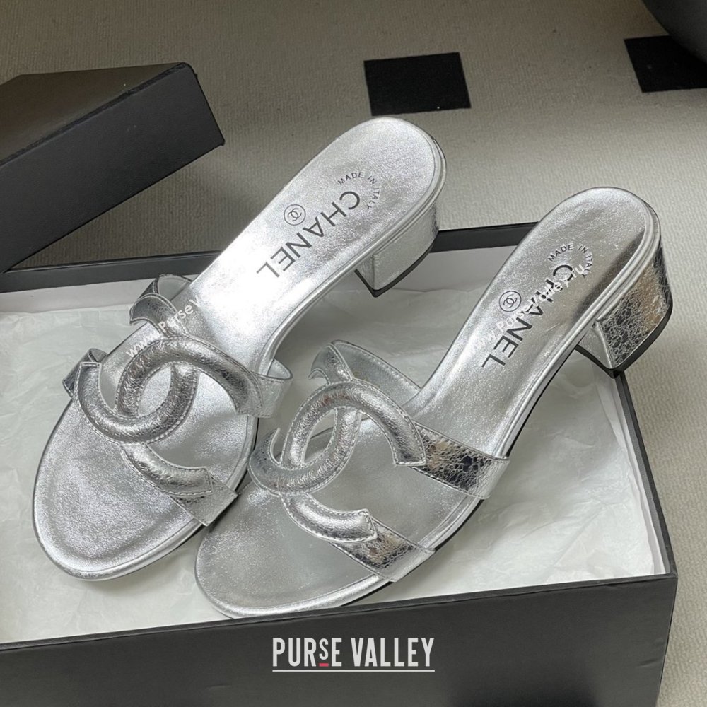 Chanel Laminated Calfskin Heeled Mules Sandals G47250 Silver 2026 (MD-26032632)