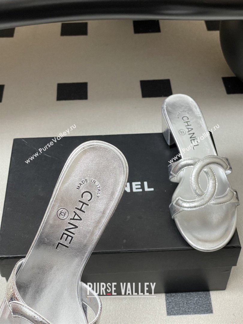Chanel Laminated Calfskin Heeled Mules Sandals G47250 Silver 2026 (MD-26032632)