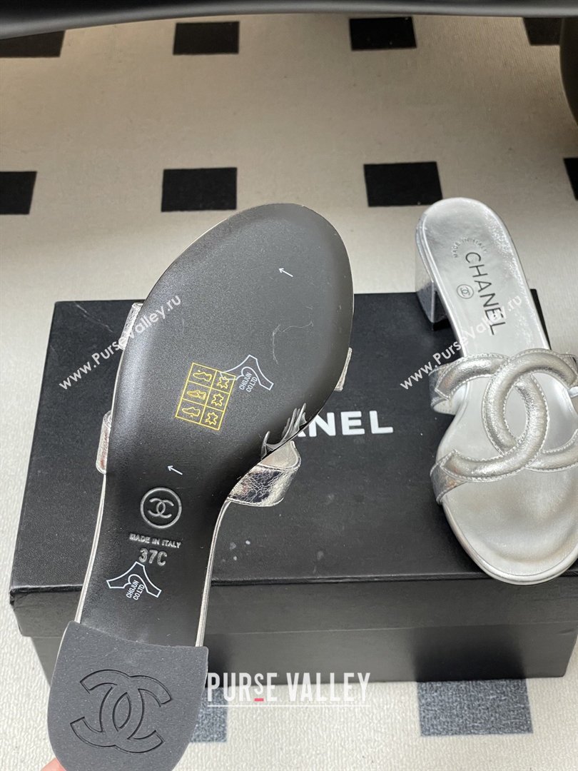 Chanel Laminated Calfskin Heeled Mules Sandals G47250 Silver 2026 (MD-26032632)