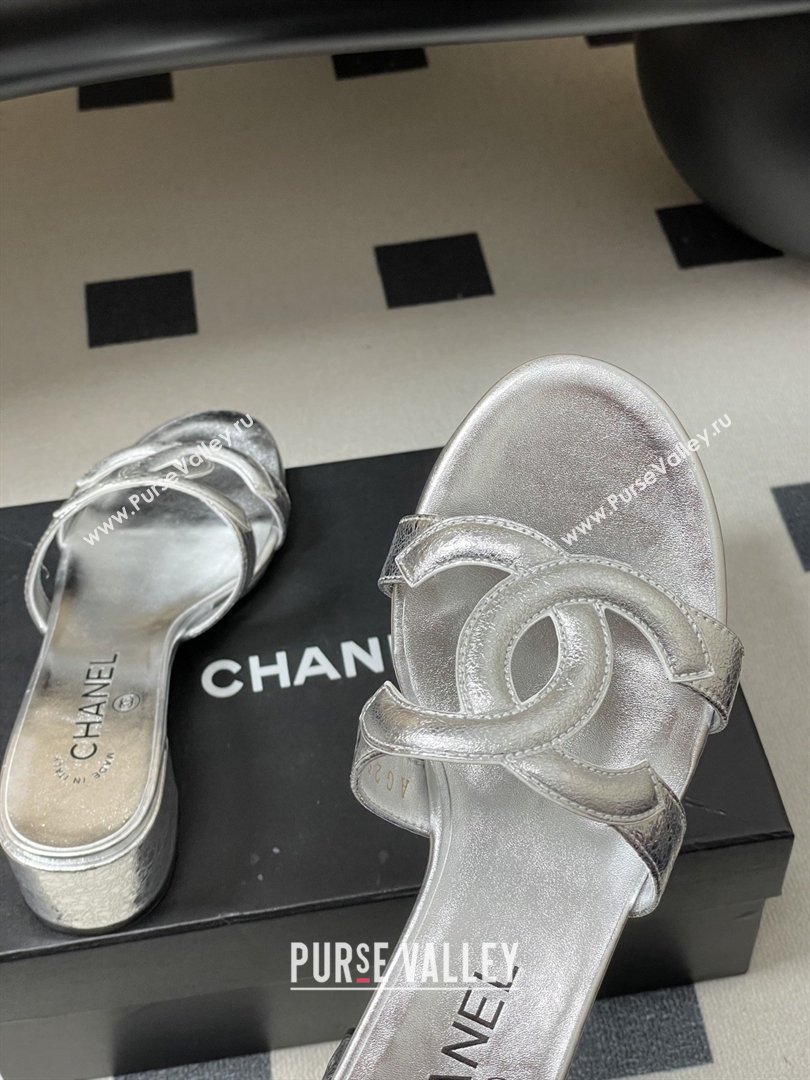 Chanel Laminated Calfskin Heeled Mules Sandals G47250 Silver 2026 (MD-26032632)
