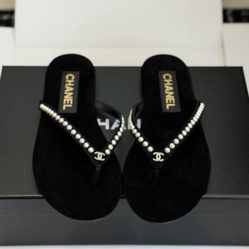 Chanel Velvet Thongs with Pearls CH32806 Black 2026 (ZL-26032806)