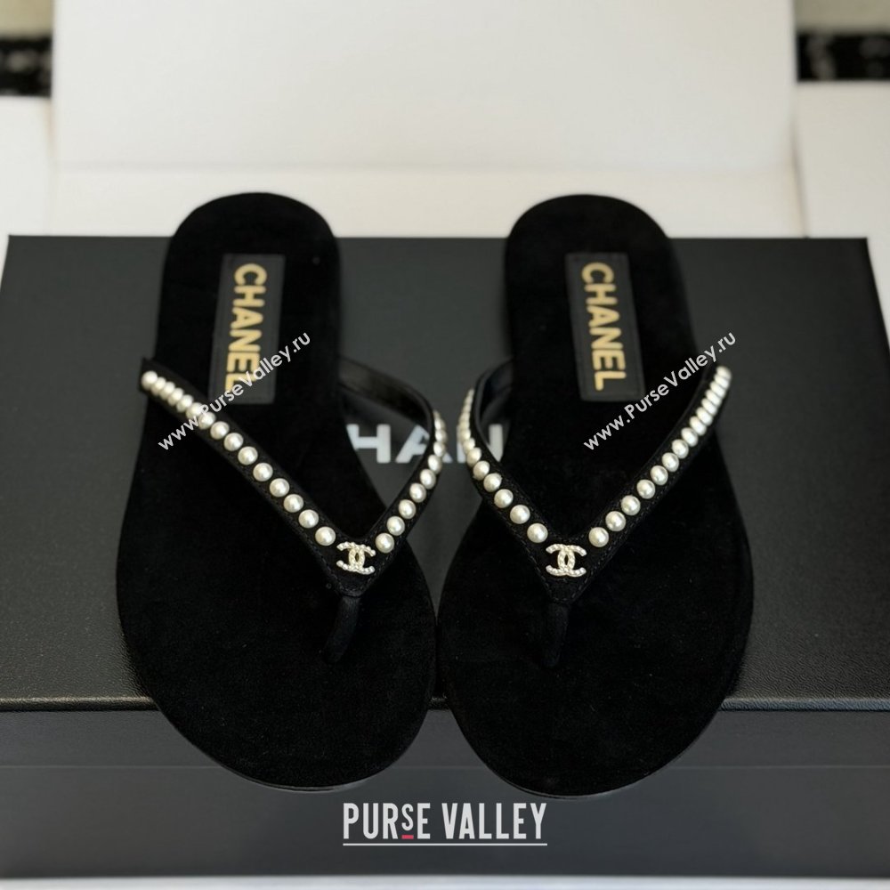 Chanel Velvet Thongs with Pearls CH32806 Black 2026 (ZL-26032806)