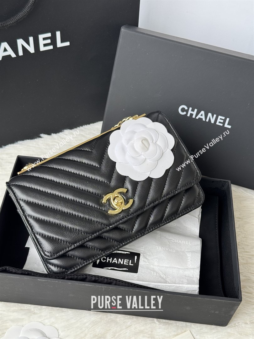 Chanel Lambskin Chevron Wallet On Chain WOC with Top Metal Band 6841V Black 2026 (JY-26040726)