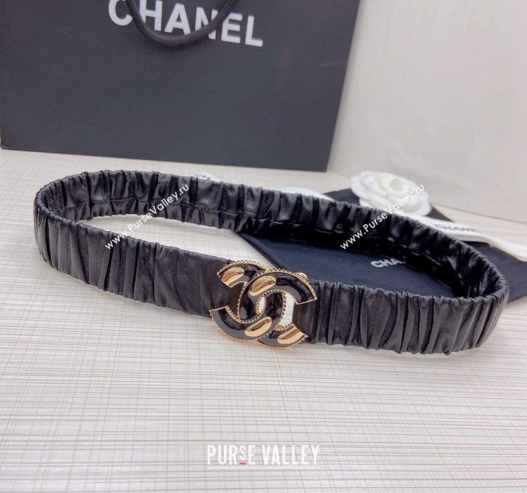 Chanel Pleated Lambskin Belt 3cm with CC Buckle AA7696 Black/Gold 2021 (99-21100837)