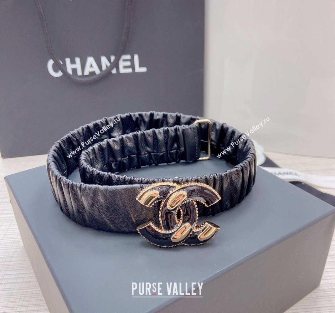 Chanel Pleated Lambskin Belt 3cm with CC Buckle AA7696 Black/Gold 2021 (99-21100837)