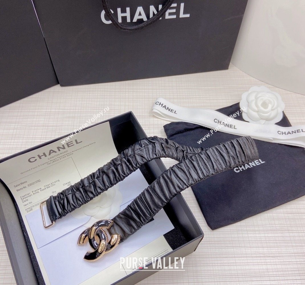 Chanel Pleated Lambskin Belt 3cm with CC Buckle AA7696 Black/Gold 2021 (99-21100837)