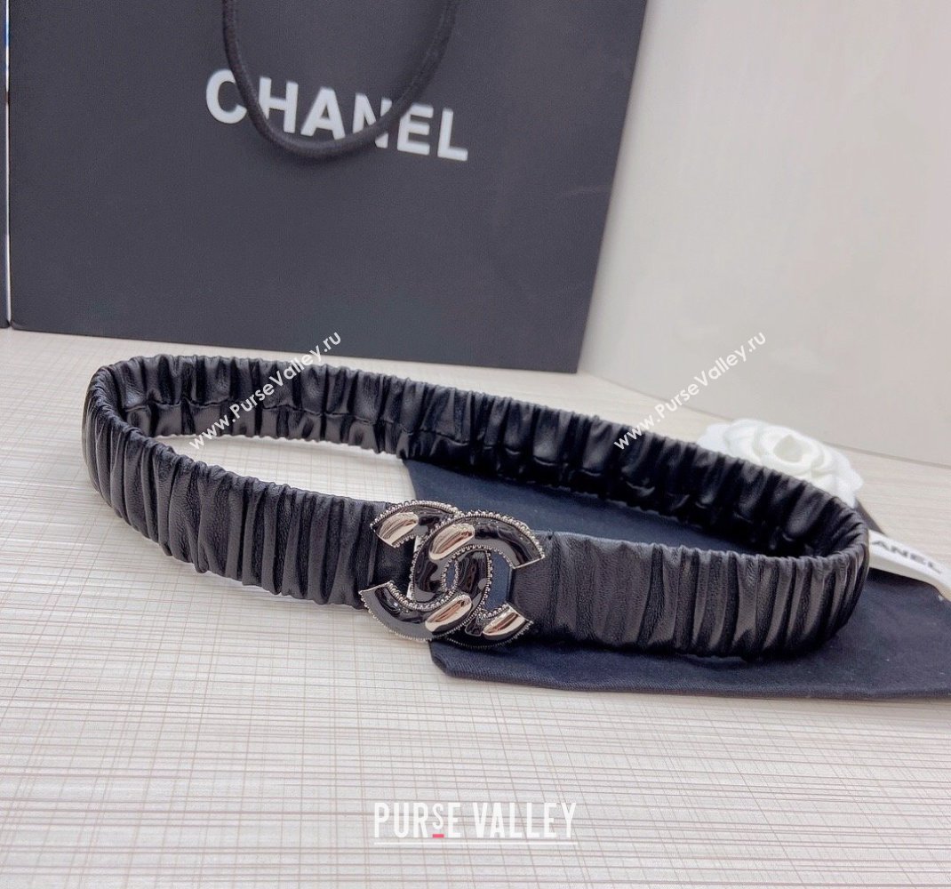 Chanel Pleated Lambskin Belt 3cm with CC Buckle AA7696 Black/Silver 2021 (99-21100838)