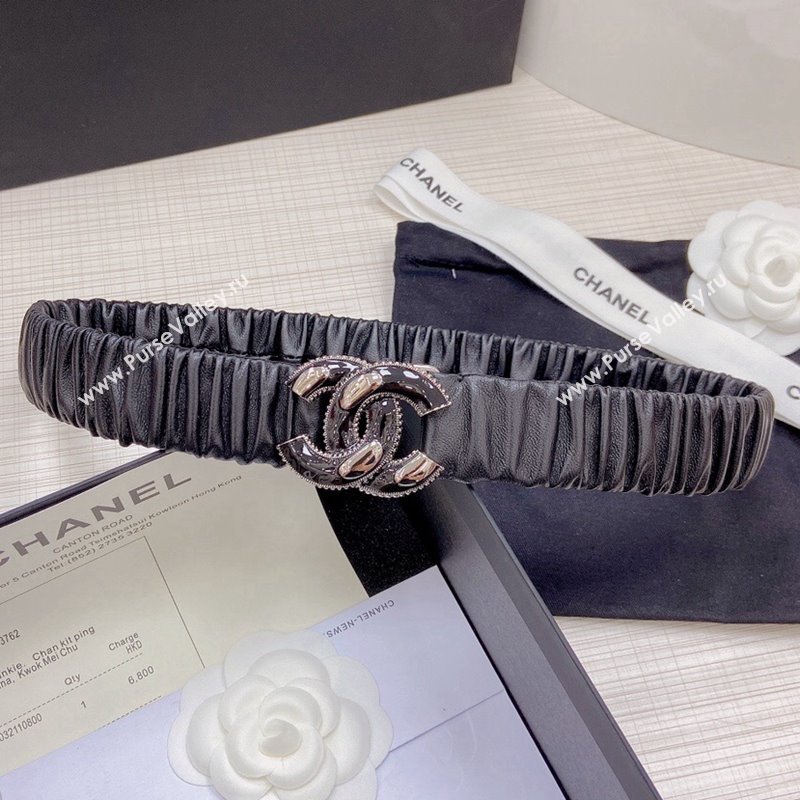 Chanel Pleated Lambskin Belt 3cm with CC Buckle AA7696 Black/Silver 2021 (99-21100838)